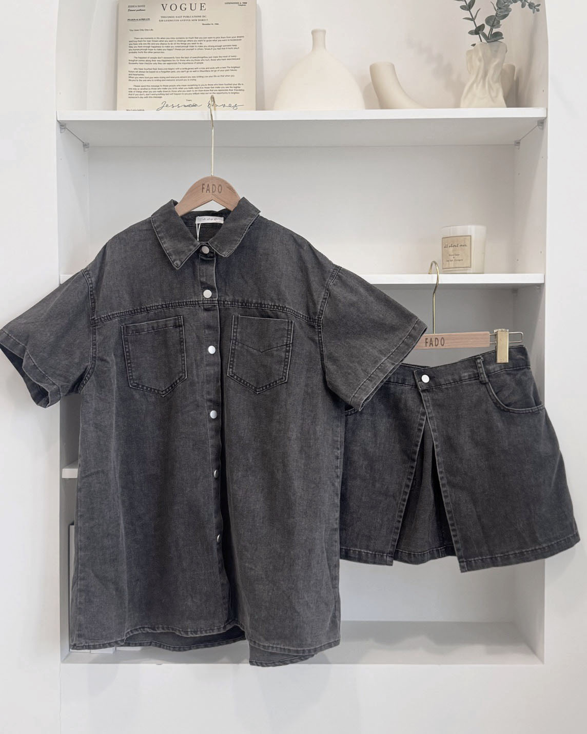 法朵Fado shop｜落肩排釦牛仔襯衫＋心機片裙 兩件套 9555001 兩色