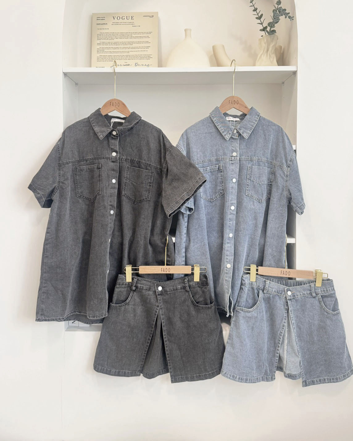 法朵Fado shop｜落肩排釦牛仔襯衫＋心機片裙 兩件套 9555001 兩色