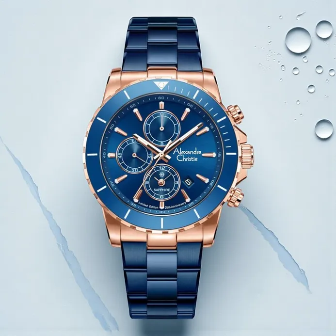 萬年鐘錶 - Alexandre Christie  藍面玫瑰金三眼質感休閒男錶 6141XXVMURBU 錶徑42MM  (AC 錶)