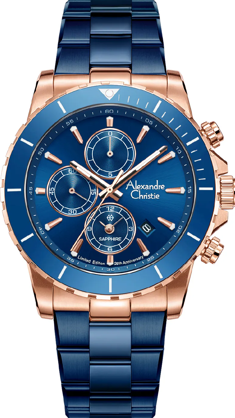 萬年鐘錶 - Alexandre Christie  藍面玫瑰金三眼質感休閒男錶 6141XXVMURBU 錶徑42MM  (AC 錶)