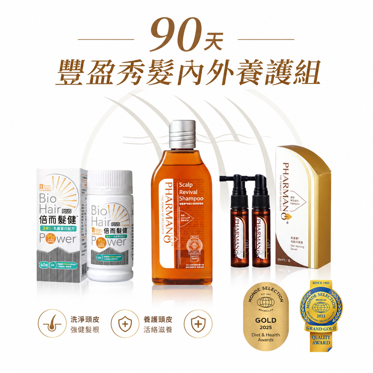 【90天豐盈秀髮 內外養護組】髮蔓濃洗髮精2瓶+活齡素3組+倍而髮健1瓶
