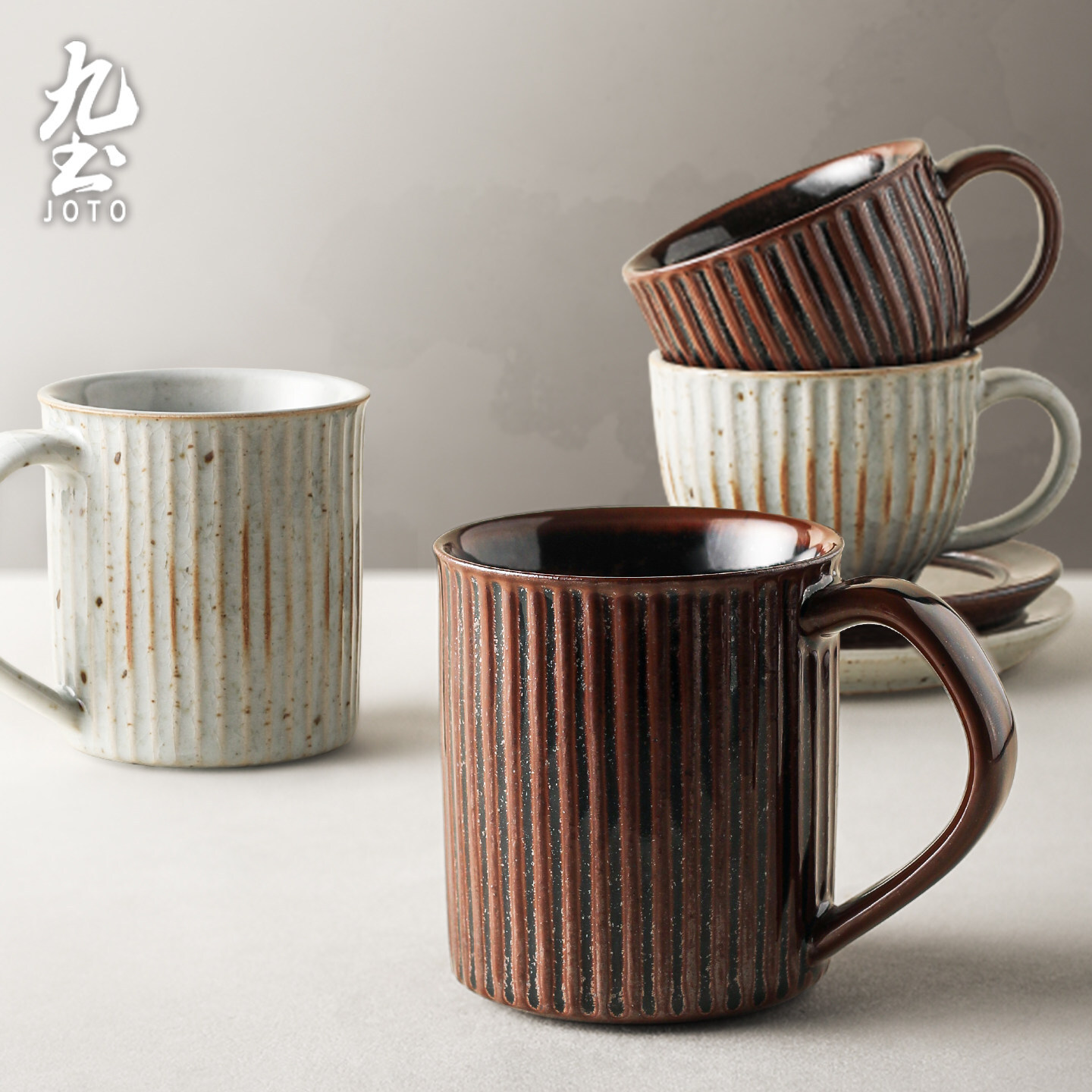 九土 復古手作陶瓷豎紋咖啡杯_CFR0171