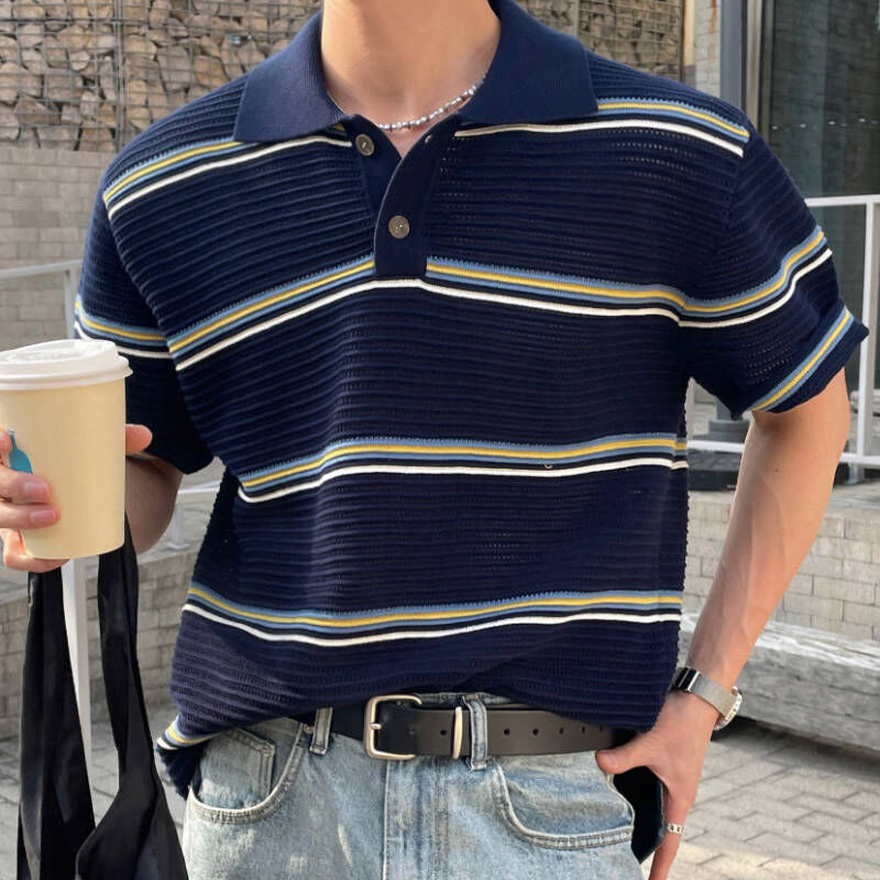 韓系帥哥藍色條紋針織短袖Polo衫