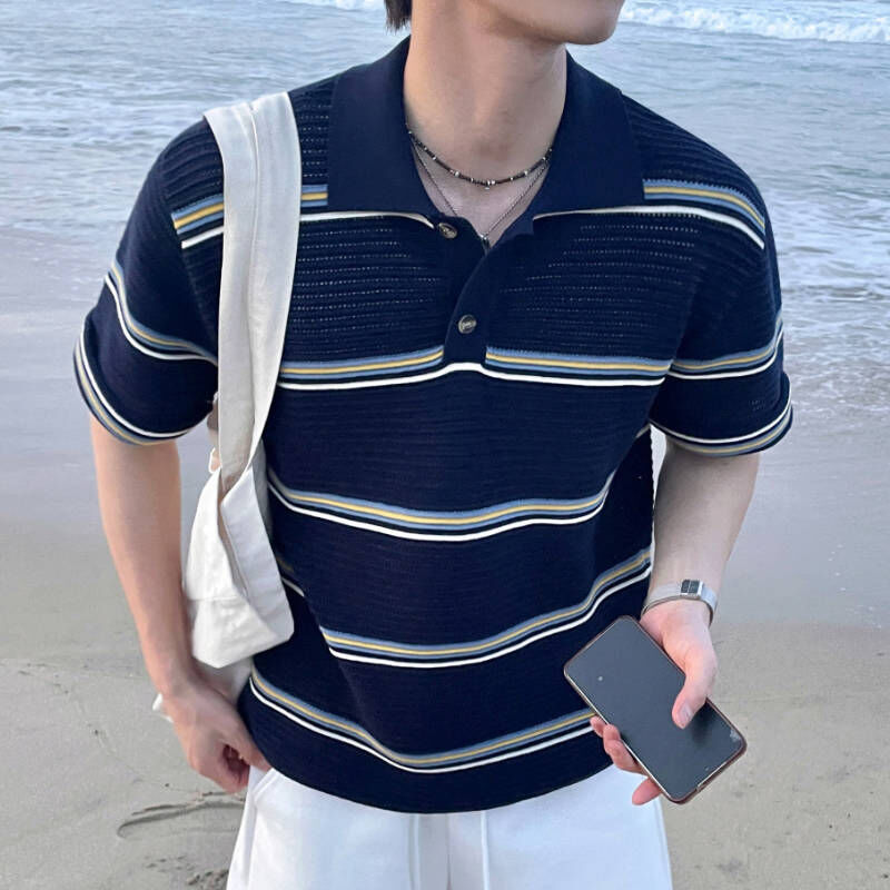 韓系帥哥藍色條紋針織短袖Polo衫