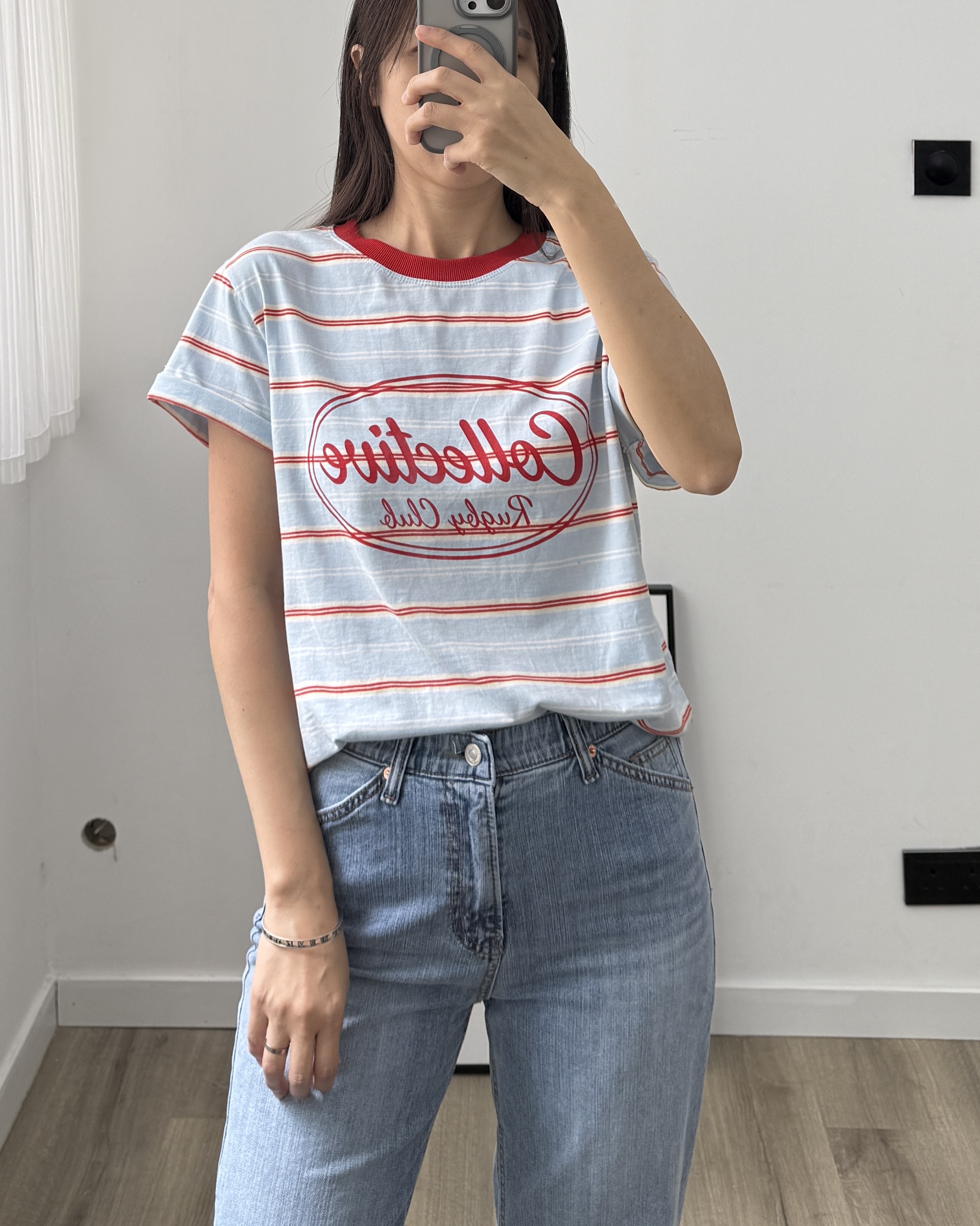 夏日色系間紋拼色領Tee