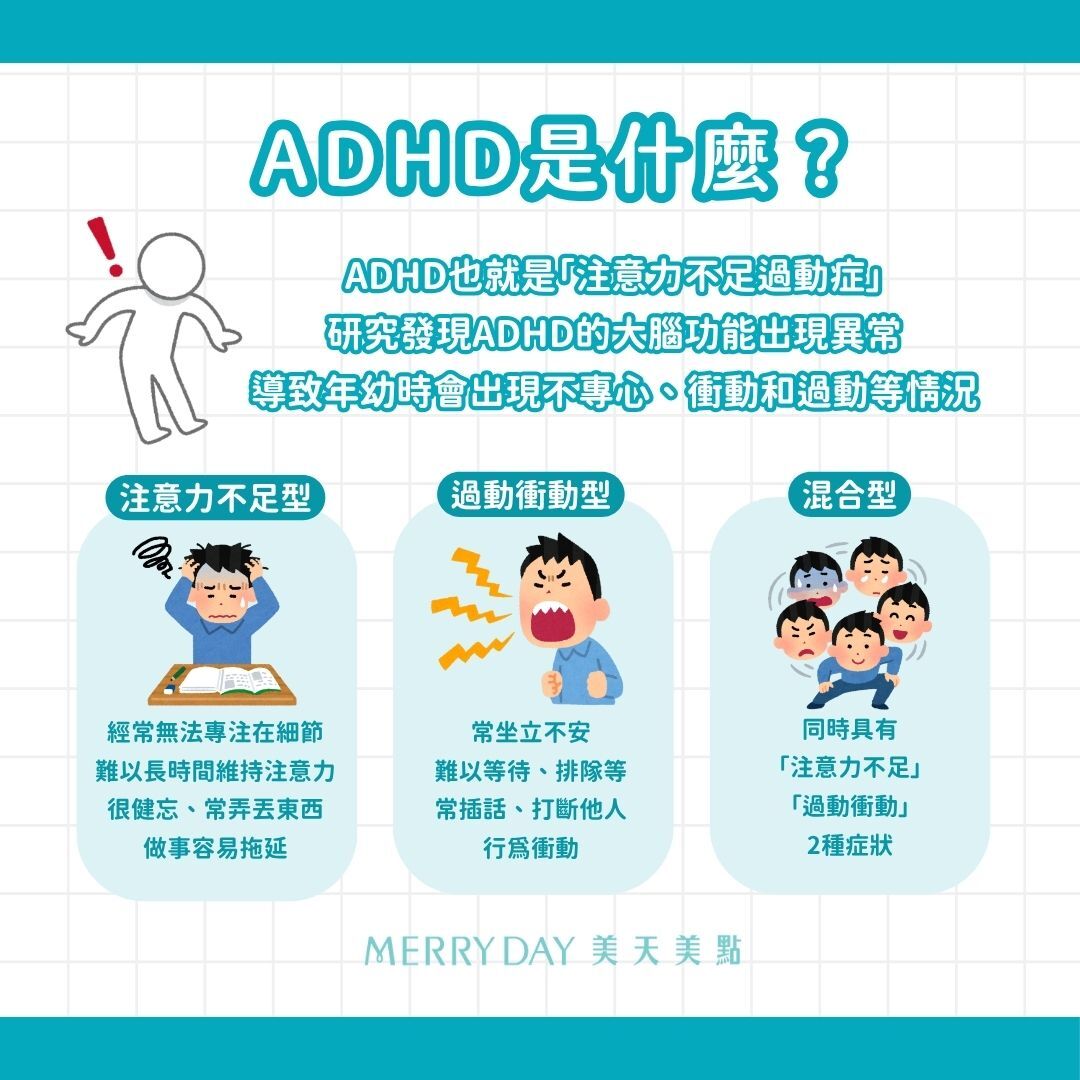 ADHD(Attention deficit hyperactivity disorder)中文是「注意力不足過動症」， 研究發現ADHD的大腦功能出現異常，負責專注力、決策和抑制衝動的前額葉發育較一般人緩慢，且多巴胺和正腎上腺素的分泌較少，導致年幼時會出現不專心、衝動和過動等情況。