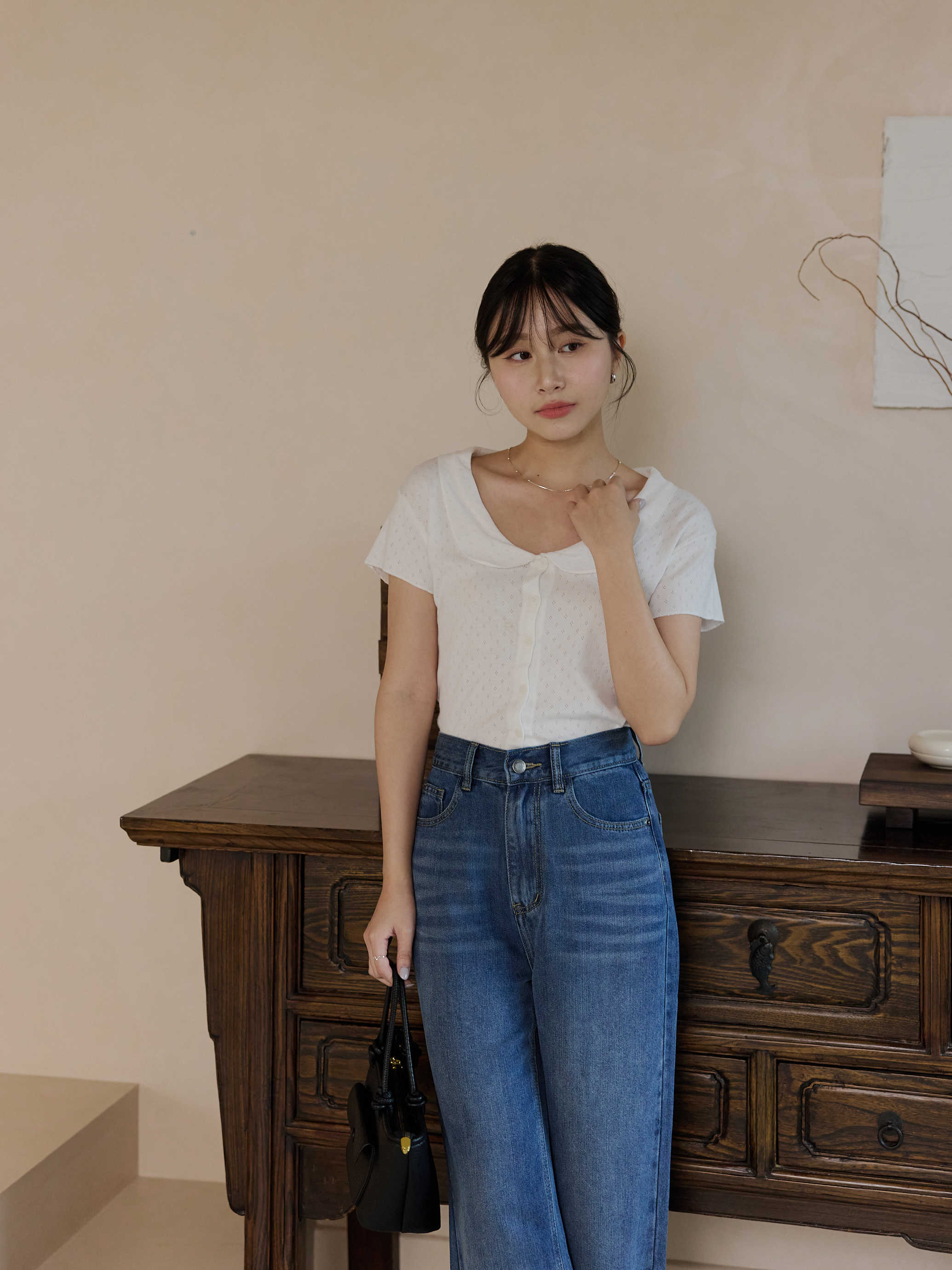 Subtle Openwork Textured Peter Pan Collar Top