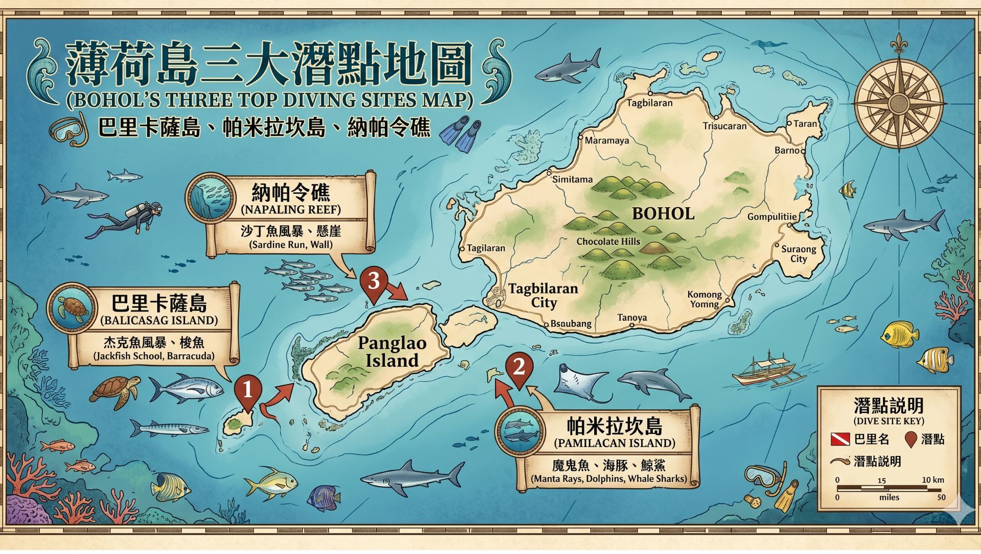 薄荷島三大潛點地圖,標示巴里卡薩島、帕米拉坎島與納帕令礁的相對位置