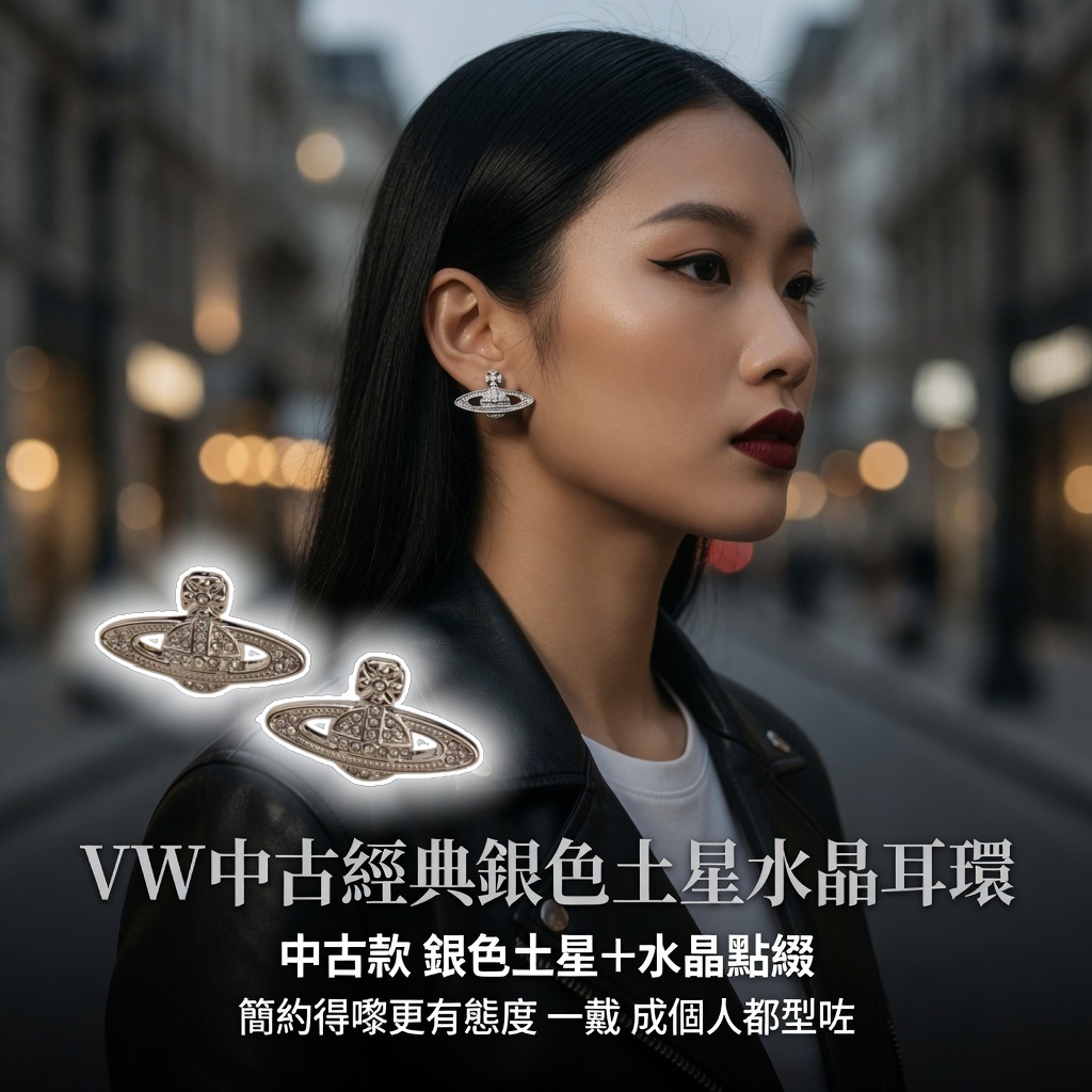VW中古經典銀色土星水晶耳環