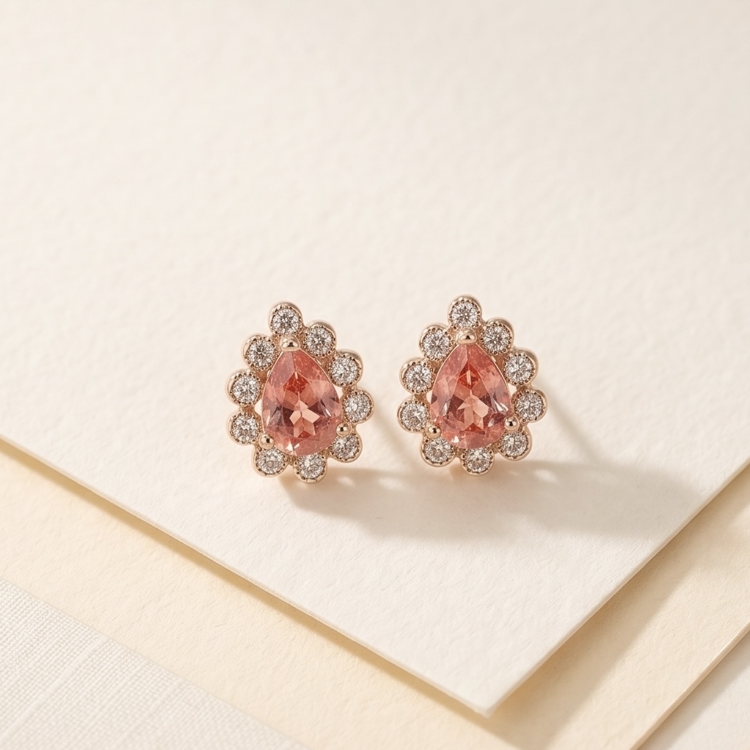 18K金Padparadscha鑽石復古耳釘 - 日落色