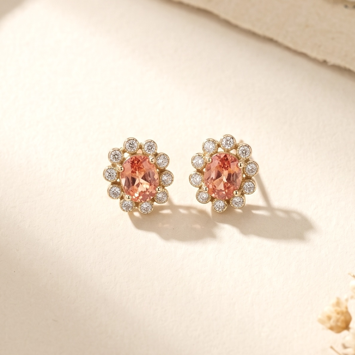 18K金Padparadscha鑽石復古耳釘 - 日落色