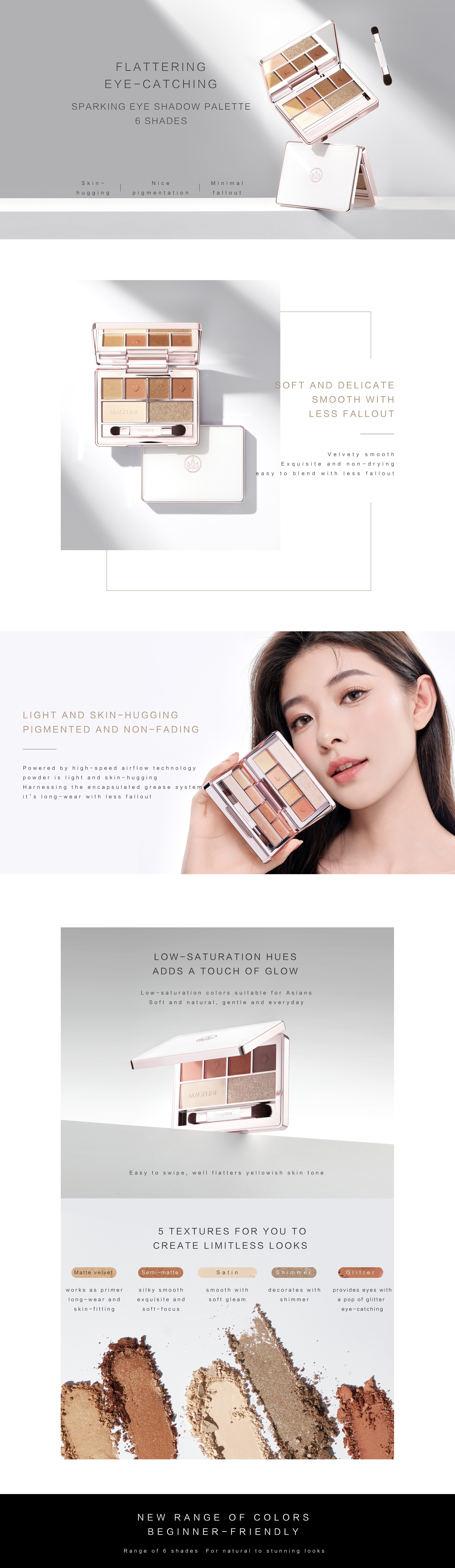 MAGELINE Sparkling Eyeshadow Palette 6 Shades featuring six versatile shades with matte and shimmer finishes, silky smooth texture, lightweight formula, blendable colors, minimal fallout and long-lasting eye makeup for natural and glamorous looks.