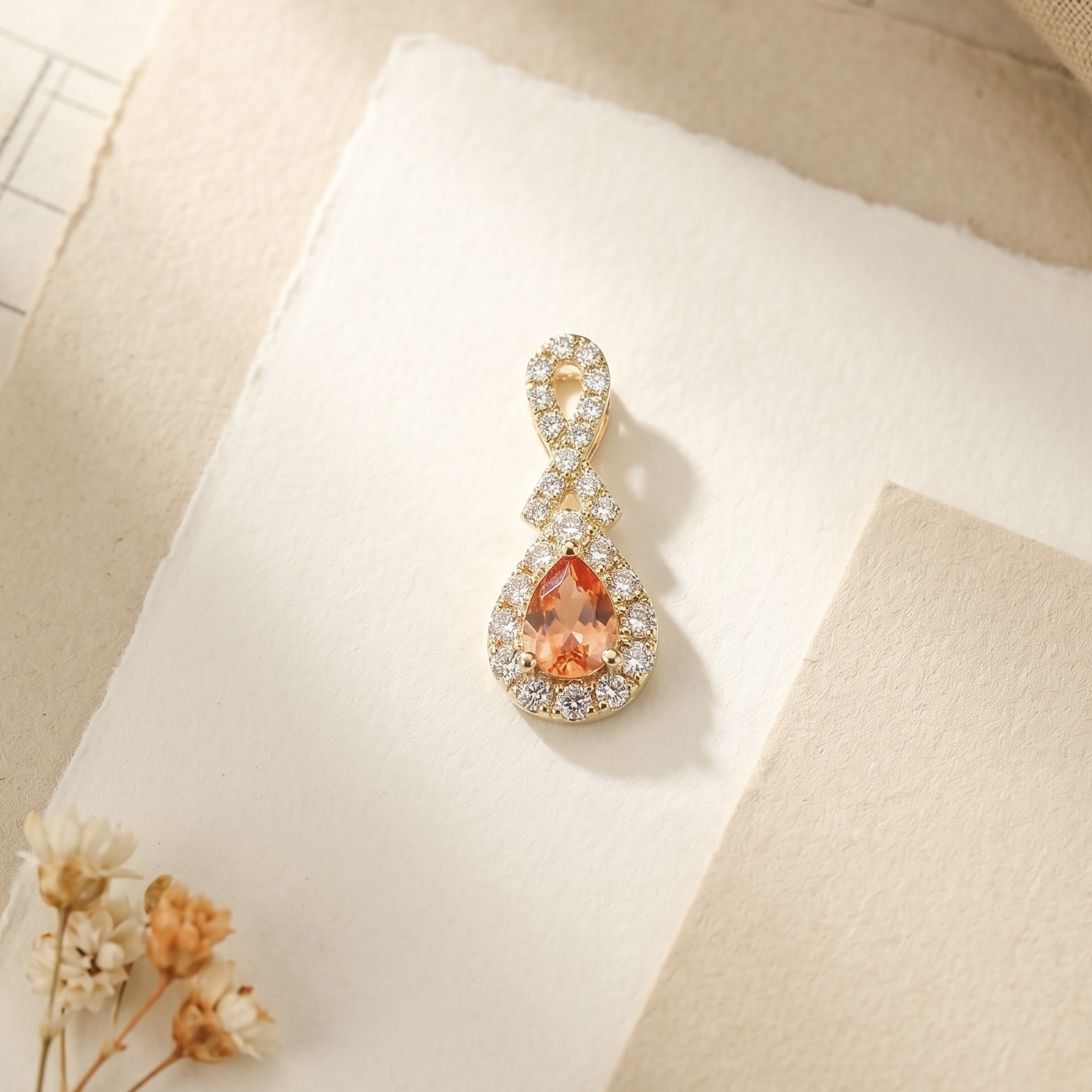 18K金Padparadscha鑽石復古吊墜/掛件 - 日落色