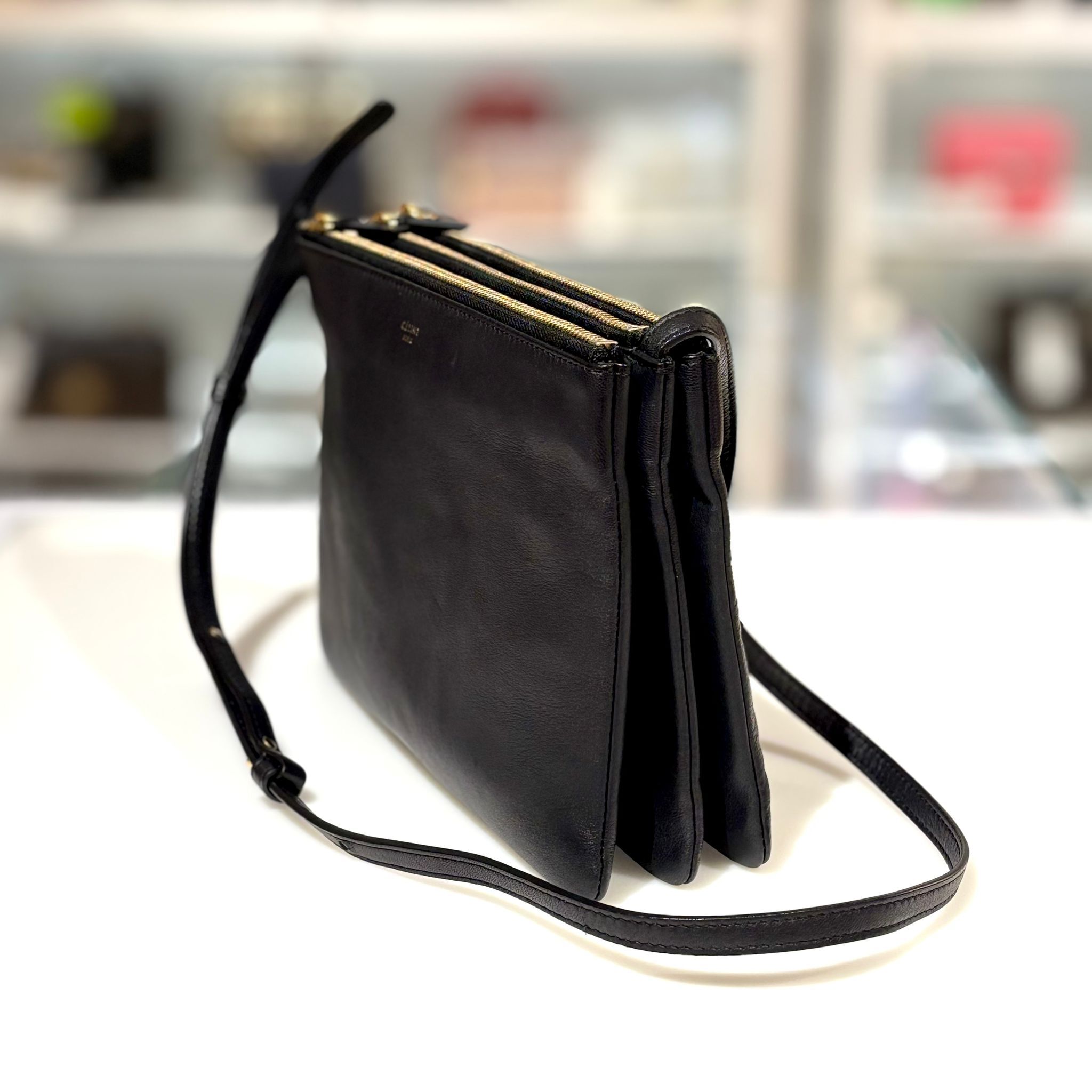 98%NEW二手CELINE TRIO 大號 深藍色羊皮3層經典款 #香榭站正品