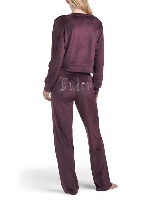 【預購】H061293 JUICY COUTURE 水鑽天鵝絨圓領家居套裝 2件套 (深紫紅色)