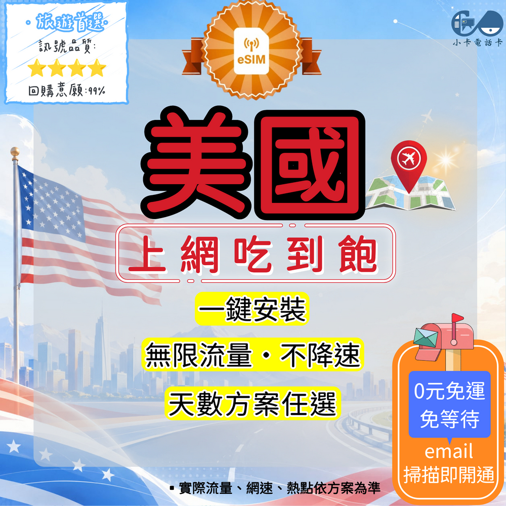 【eSIM】美國網卡全方案｜吃到飽·每日型·總量型·彈性方案選擇〈快速啟用、免運即時開通、天數客制化〉