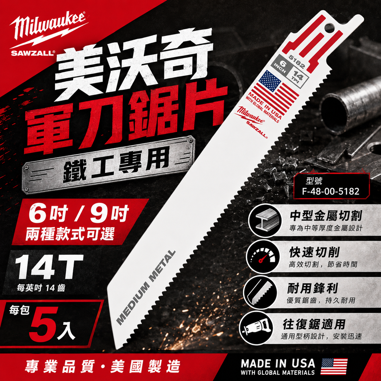 美沃奇軍刀鋸片鐵工6吋9吋兩種款式可選