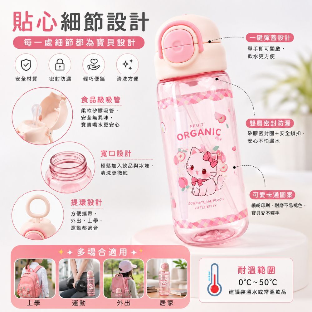 果趣跳跳水壺660ML｜兒童吸管水壺 彈蓋水壺 防漏水壺 卡通水壺 隨身水瓶 可愛水壺【輕鬆購五金百貨】