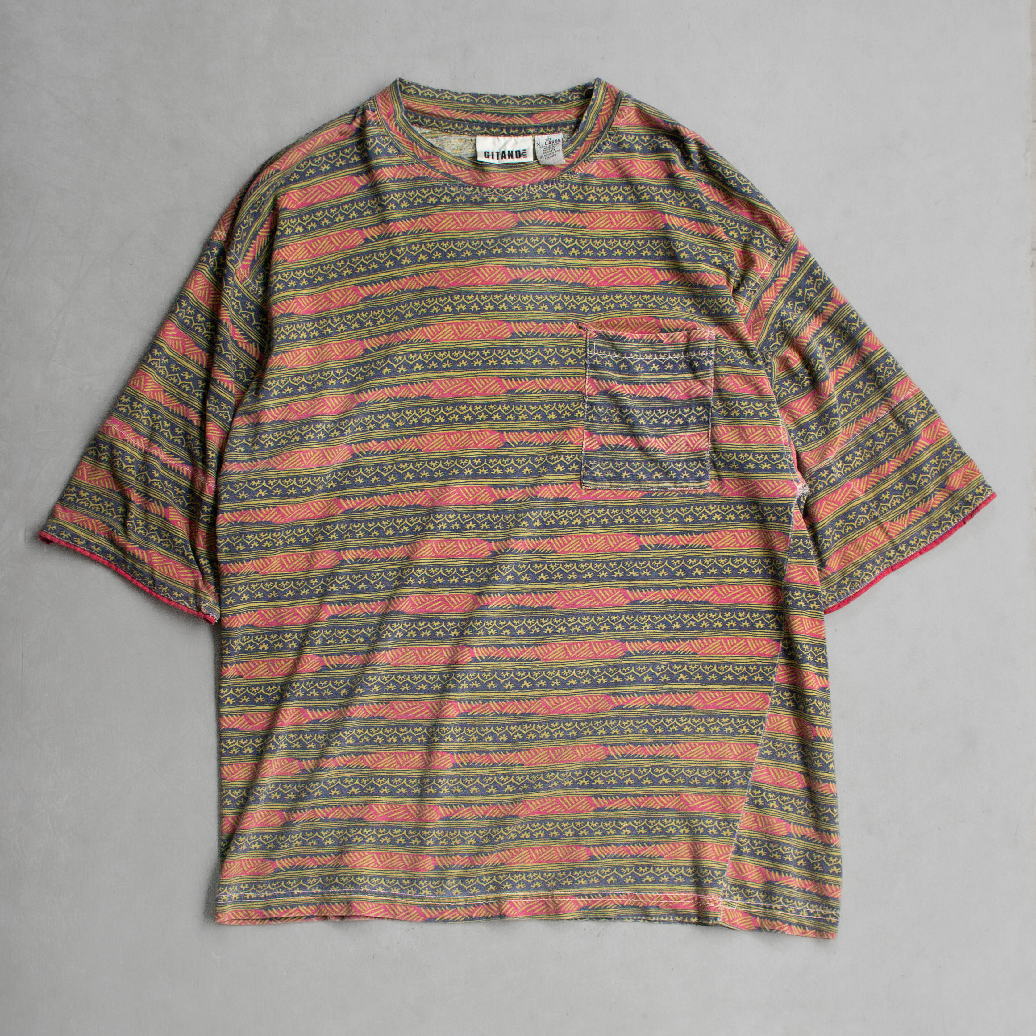 VINTAGE STRIPE TEE 美國 藍紅 印刷 條紋 寬版 口袋 短袖 T恤