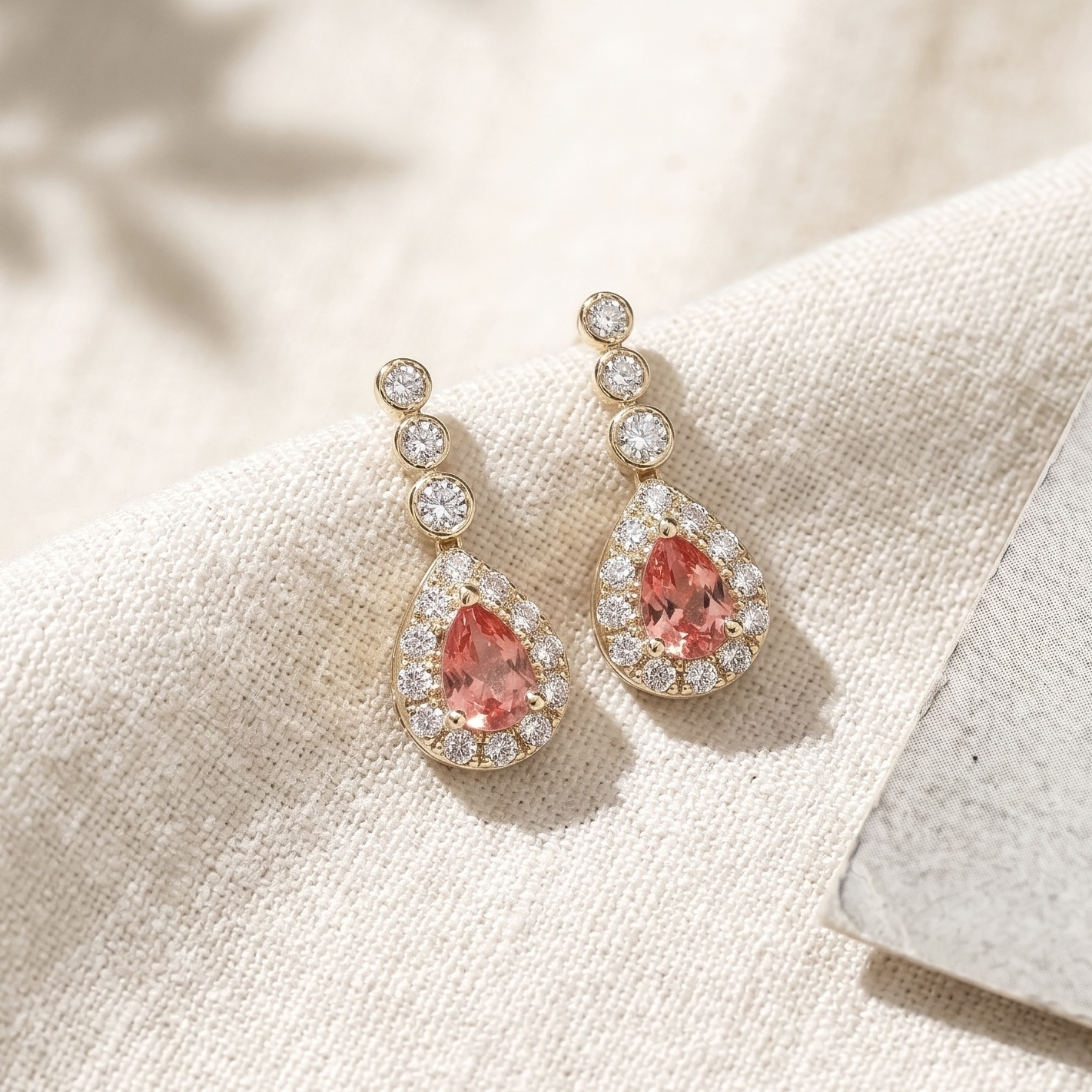 18K金Padparadscha鑽石復古耳釘 - 日落色