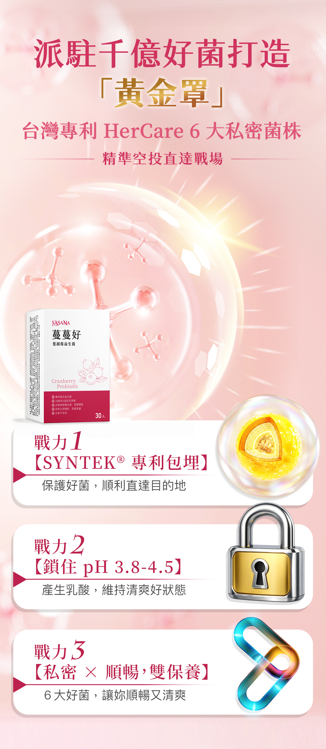 採用台灣專利HerCare 6大私密菌株，千億好菌搭配SYNTEK專利包埋技術，鎖住弱酸pH3.8-4.5，達成私密與順暢雙保養