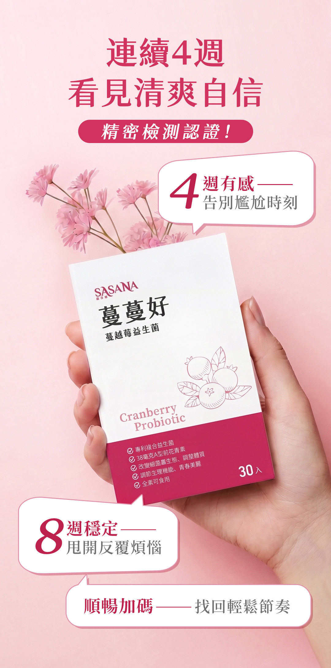精密檢測認證！蔓蔓好蔓越莓益生菌連續食用4週有感告別尷尬，8週穩定體質，順暢加碼找回清爽自信