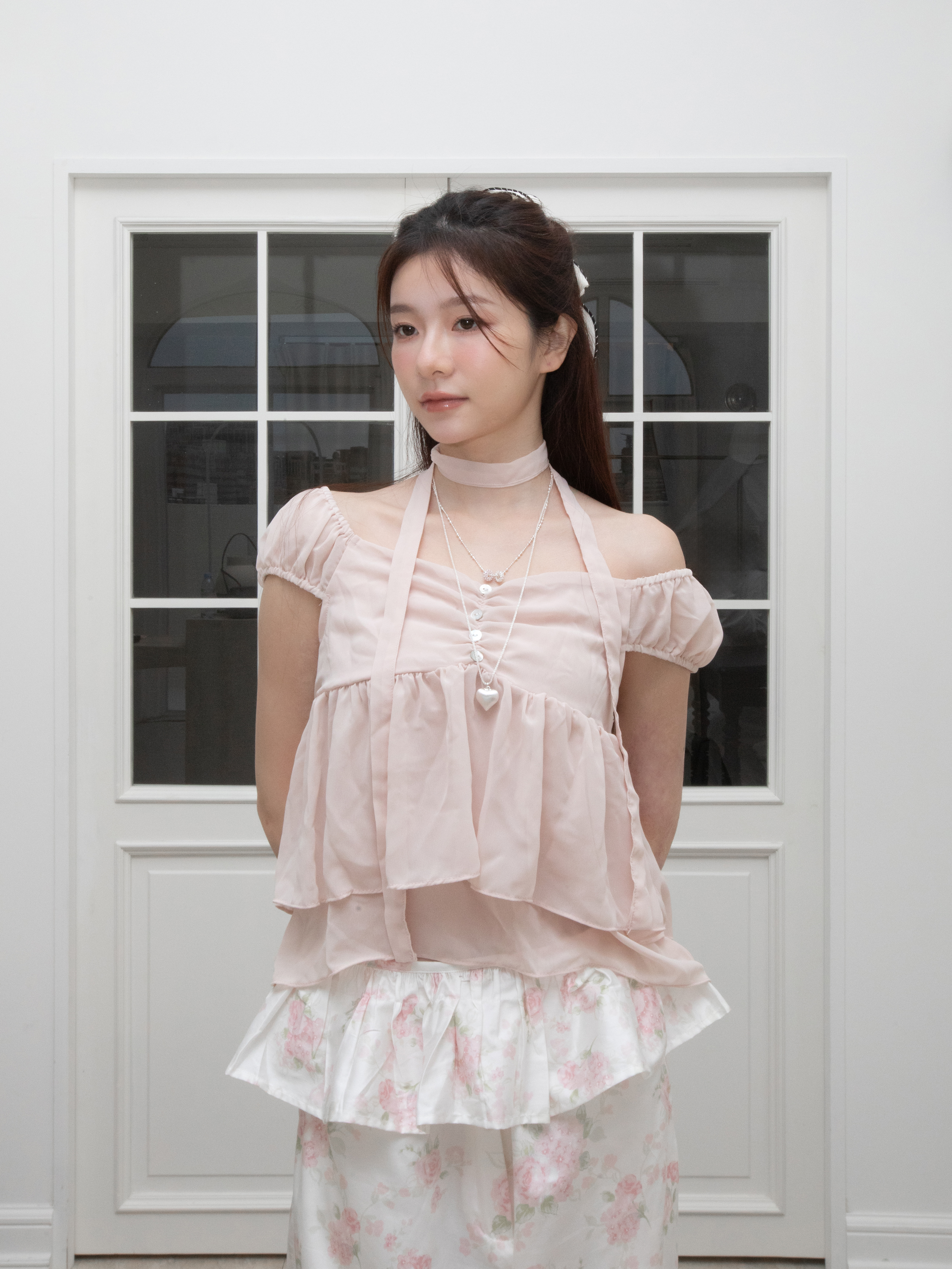 T27 RUFFLED OFF-THE-SHOULDER CHIFFON BLOUSE