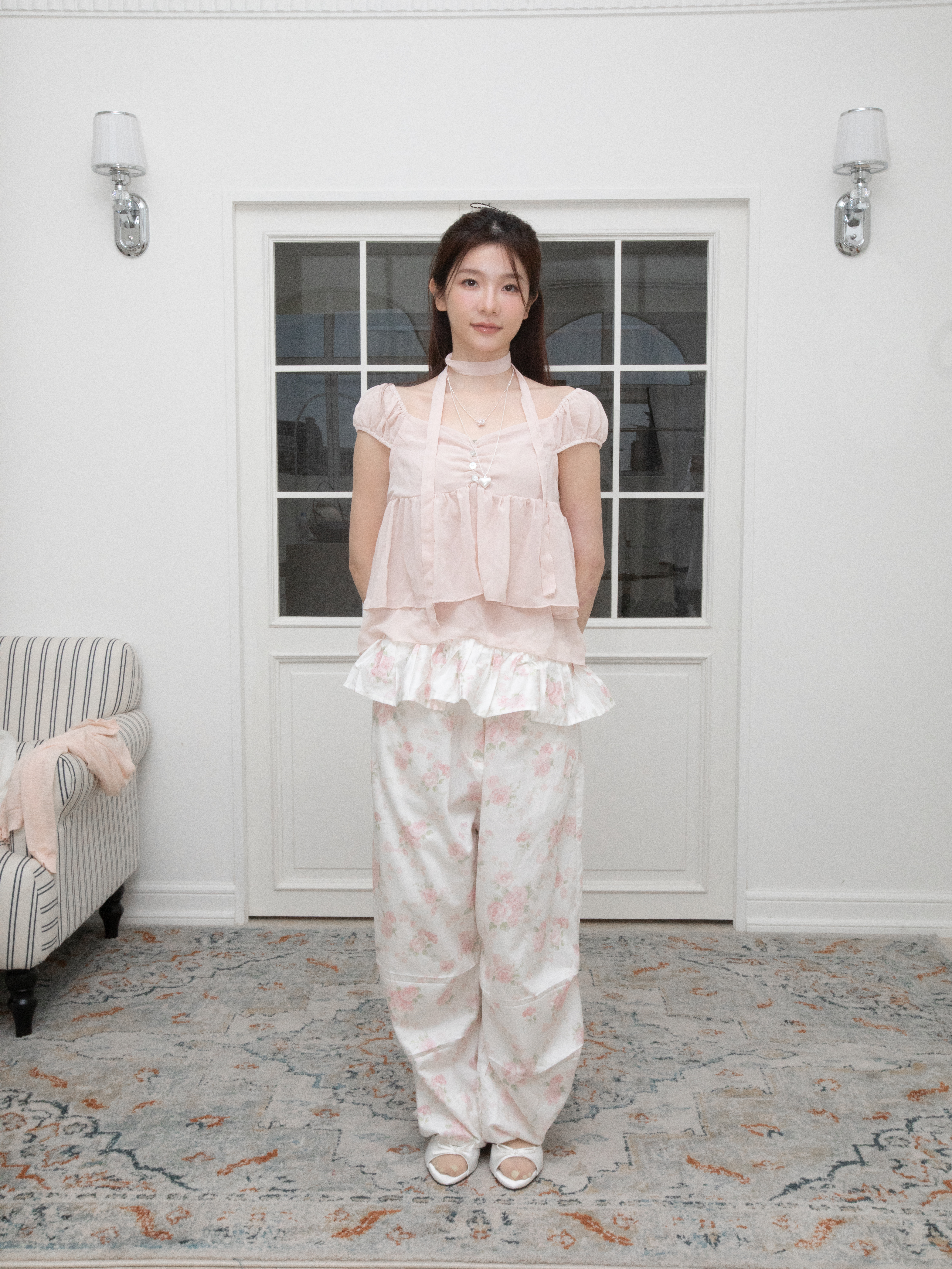 T27 RUFFLED OFF-THE-SHOULDER CHIFFON BLOUSE