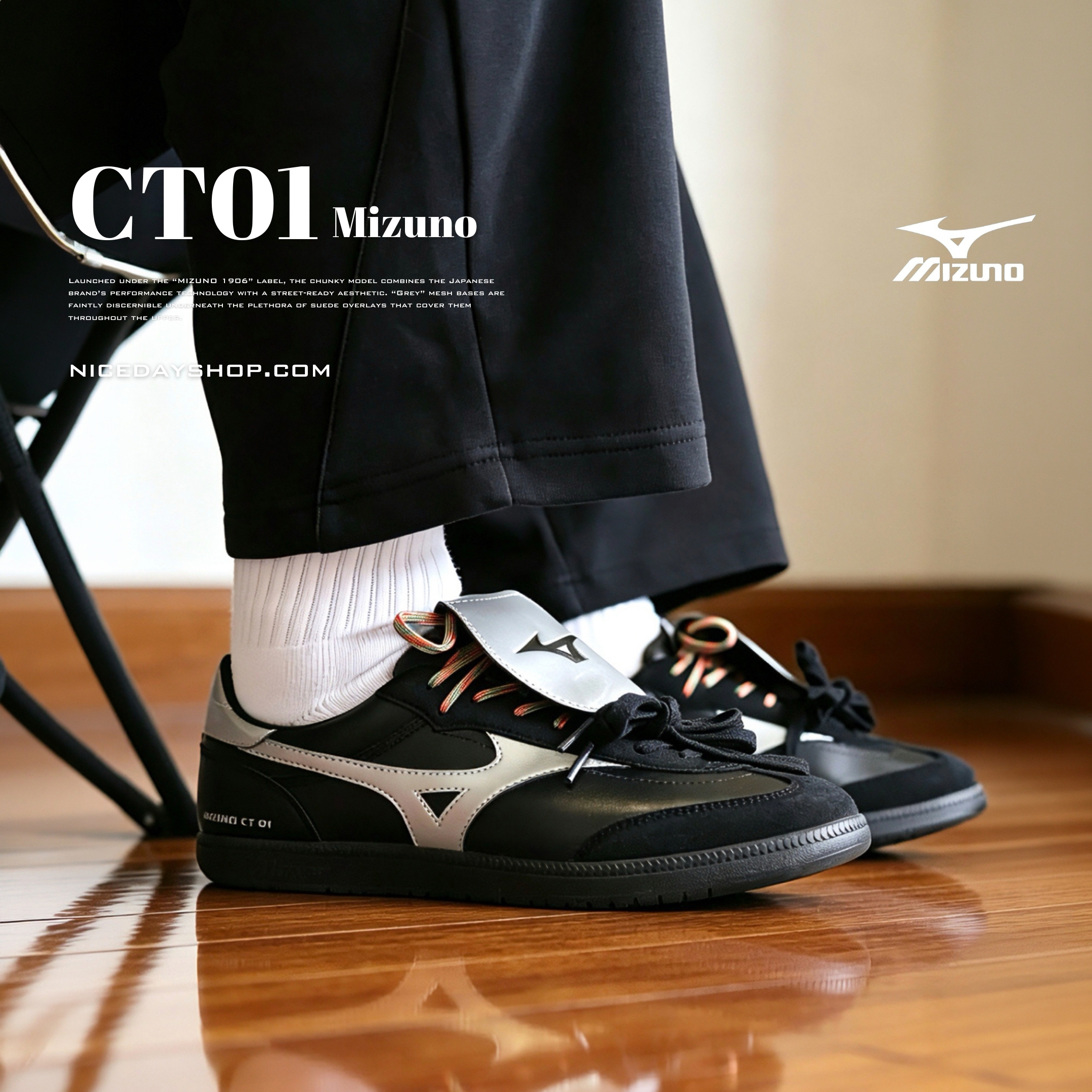 NICEDAY 代購 Mizuno CT 01 黑銀 翻蓋 美式 鞋舌 黑 黑魂 科技 復古 D1GH263801