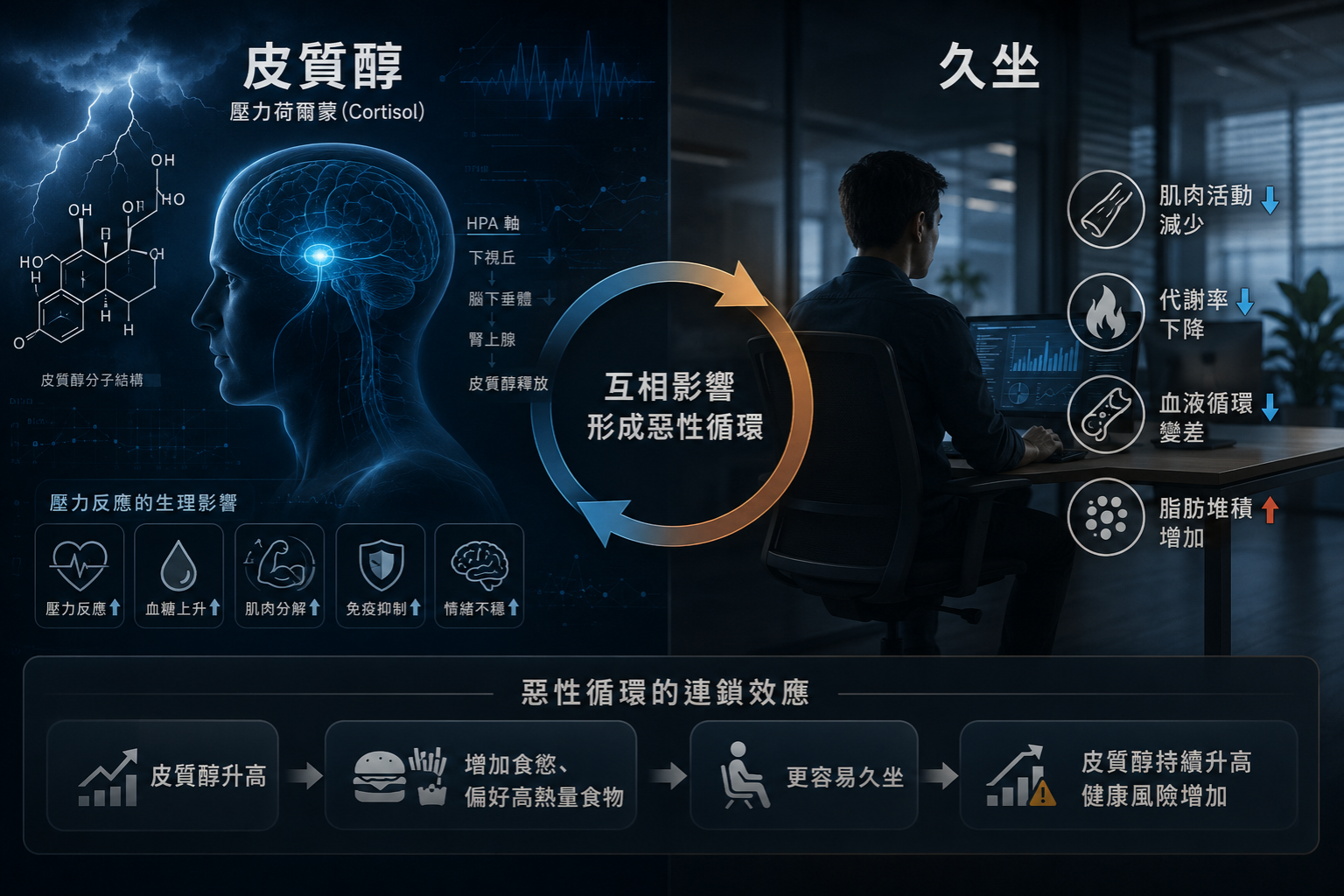 為什麼壓力大與久坐,會成為代謝的「隱形殺手」? 1. 壓力的代價:皮質醇讓代謝進入「存錢模式」 當人體長期處於高壓狀態(如趕專案、熬夜),腎上腺會持續分泌壓力荷爾蒙——「皮質醇(Cortisol)」。皮質醇在短期能幫助身體應對緊急狀況,但長期濃度過高,會引發兩大代謝危機: 肌肉量流失:皮質醇會分解肌肉組織中的蛋白質。由於肌肉是消耗熱量的主力,當肌肉量減少,基礎代謝率下降的速度便會加劇。 能量儲存優先:高水平的皮質醇會促使身體進入「生存保護模式」,優先將營養儲存為脂肪(尤其是腹部脂肪),並讓你對高糖、高油食物產生強烈渴望,這正是「壓力型負擔」的主要來源。 2. 久坐的危害:腸道與循環的停滯效應 現代上班族的「久坐生活」也是代謝的阻力。研究指出,連續坐姿超過兩小時,腹腔壓力會減少,導致腸胃蠕動變慢,代謝率隨之滑落。當身體長期處於靜止狀態,血液循環與廢物代謝效率會同步降低,這就是為什麼即便少吃,身體卻依然感覺「卡卡」的原因。
