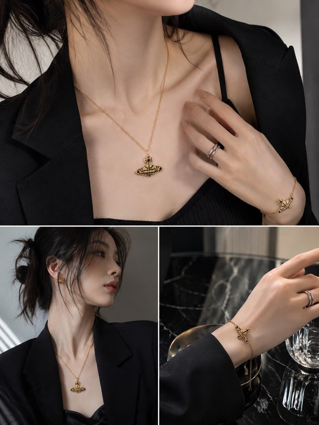 LYS01914 Vivienne Westwood 金色黑水晶土星手鏈/頸鏈