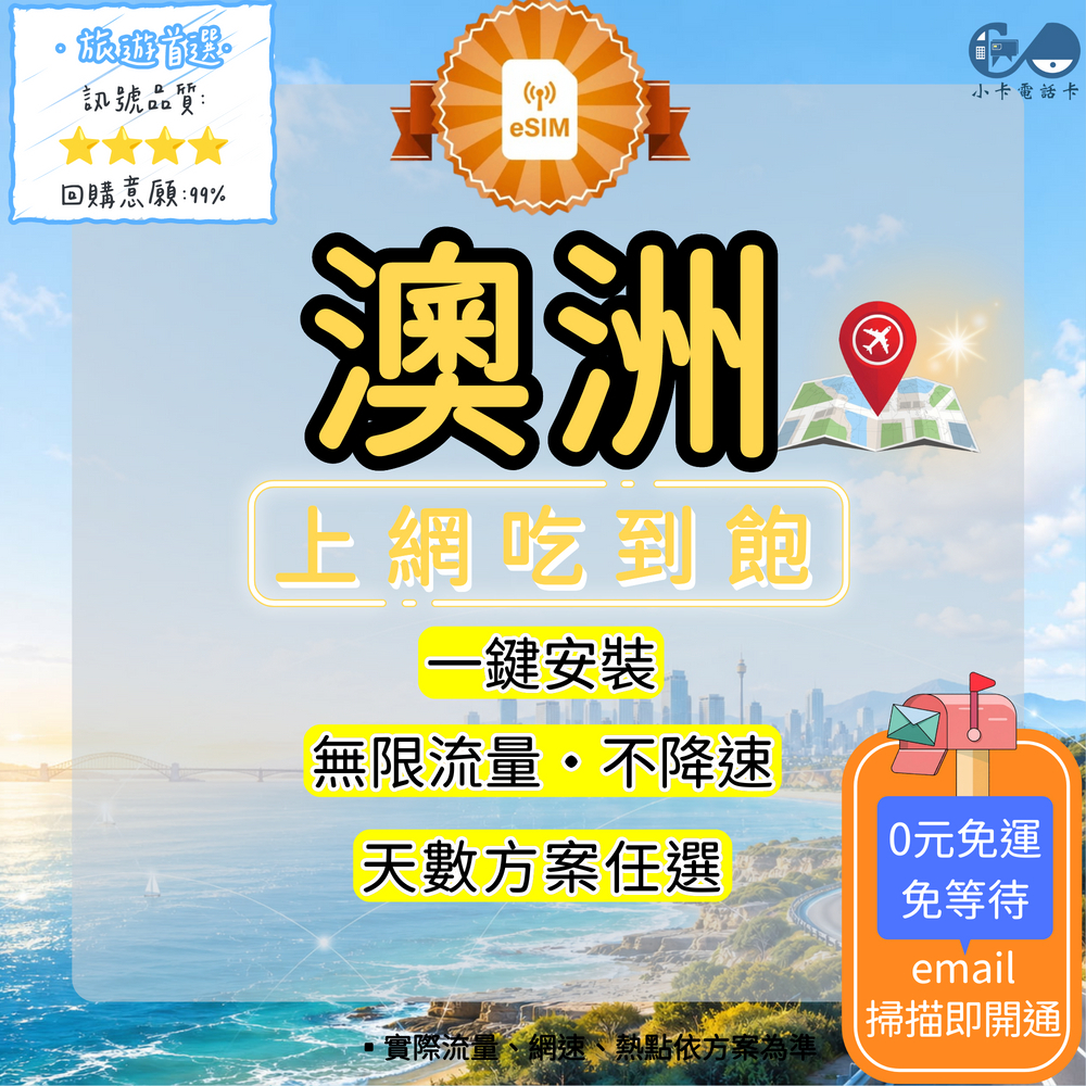 【eSIM】澳洲網卡全方案｜吃到飽·每日型·總量型·彈性方案選擇〈快速啟用、免運即時開通、天數客制化〉