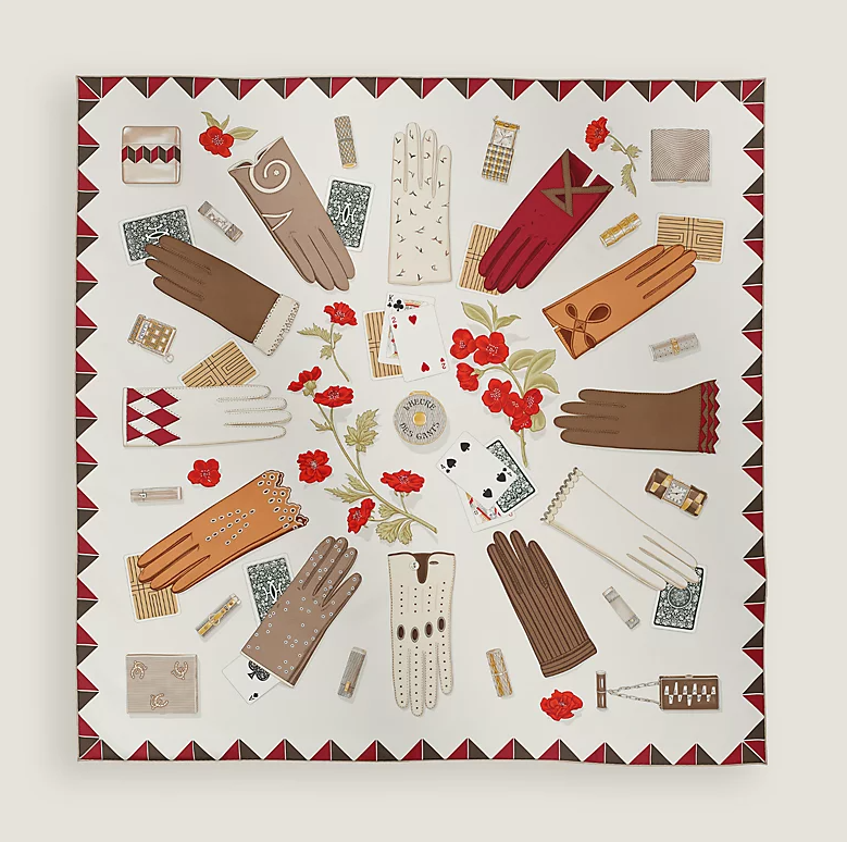 BE049 Hermes L'Heure des Gants scarf 90 - blanc casse / étoupe / rouge H 88.5 x 88.5 cm H004211S 01
