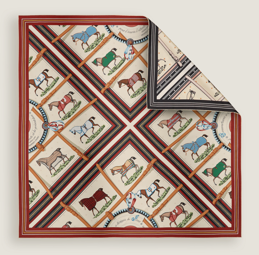 BE050 Hermes Couvertures et Tenues de Jour Bandana double face scarf 90 - crème / rouge H / noir 88.5 x 88.5 cm H903577S 13