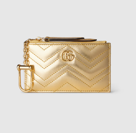 BE078 Gucci 波浪紋金屬雙G Logo拉鍊鎖匙卡包 - 金色 13 x 7.5 cm 826199 AAESB 8024