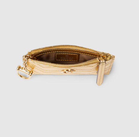 BE078 Gucci 波浪紋金屬雙G Logo拉鍊鎖匙卡包 - 金色 13 x 7.5 cm 826199 AAESB 8024