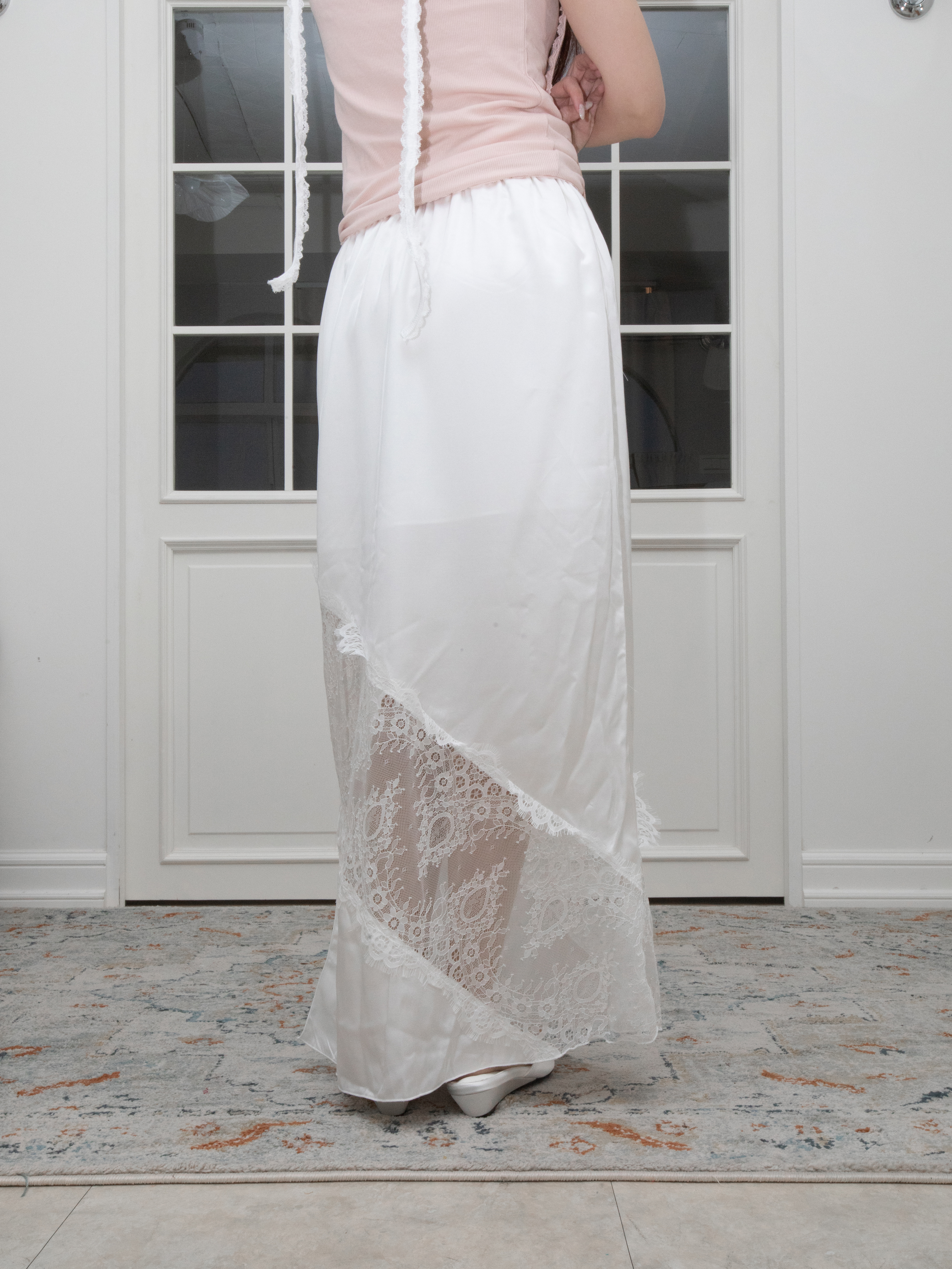 H04 SATIN MAXI SKIRT WITH LACE HEM