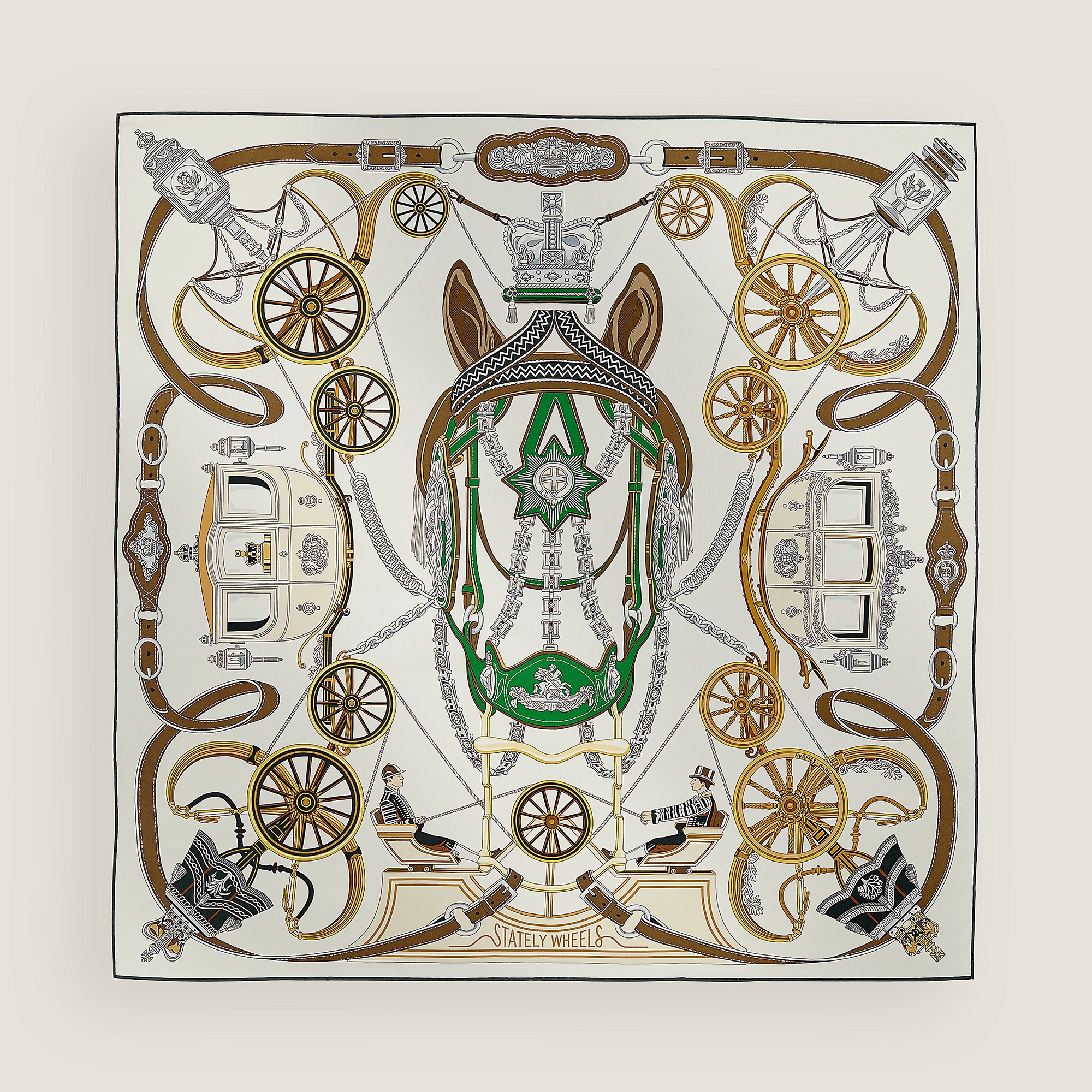 HERMES Stately Wheels scarf 90 blanc / vert / étoupe
