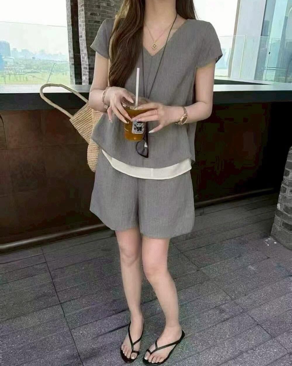 【顯瘦V領後扭結棉麻套裝】（現貨）
