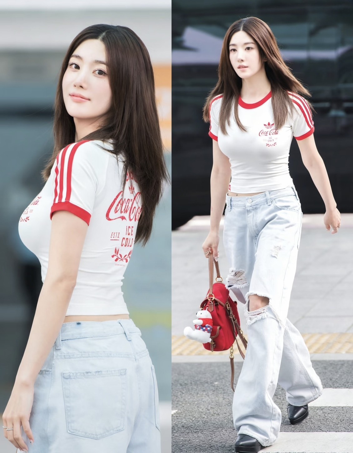 【Luxury】Adidas  COCA COLA 權恩妃 同款 短袖上衣 三葉草LOGO 可口可樂 聯名款 經典運動 Cali T 滾邊線條 短T 短袖 寬鬆 白紅 KY7558 KY7559 女款