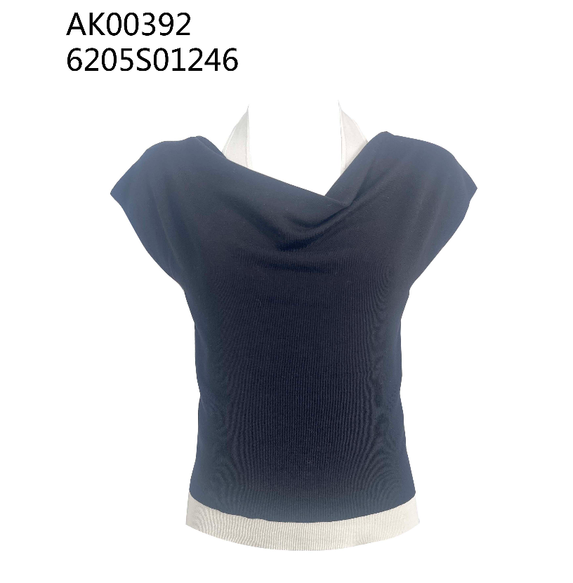 0612AT73-ANOTHERSZHK-APPAREL-法式撞色蕩領繞頸掛脖假兩件包肩針織短袖上衣（A73）