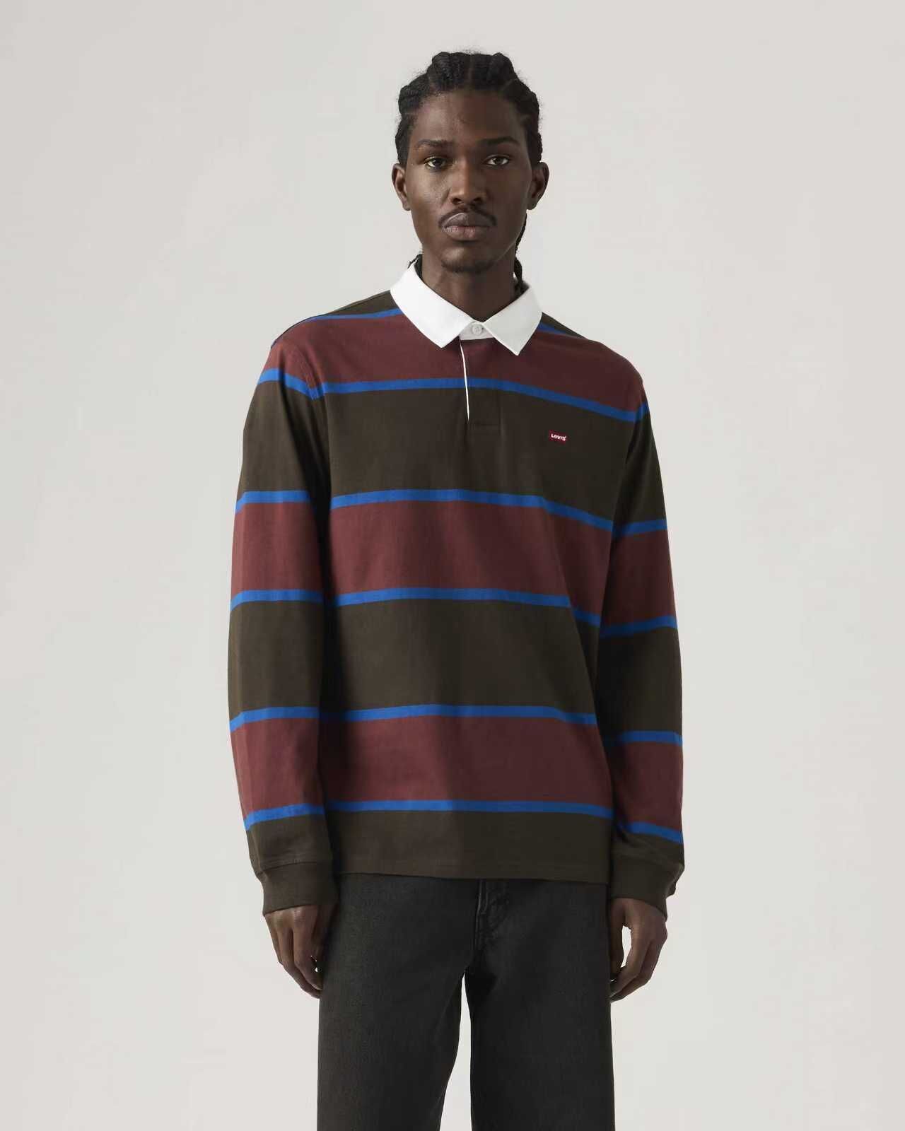 【預購】H061321 LEVI'S  男裝條紋長袖Polo 上衣 (紅棕條紋)