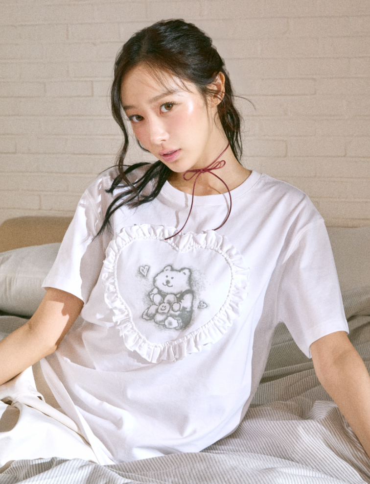 【Wacky Willy】Women's Heart Ruffle Short Sleeve T-shirt -White