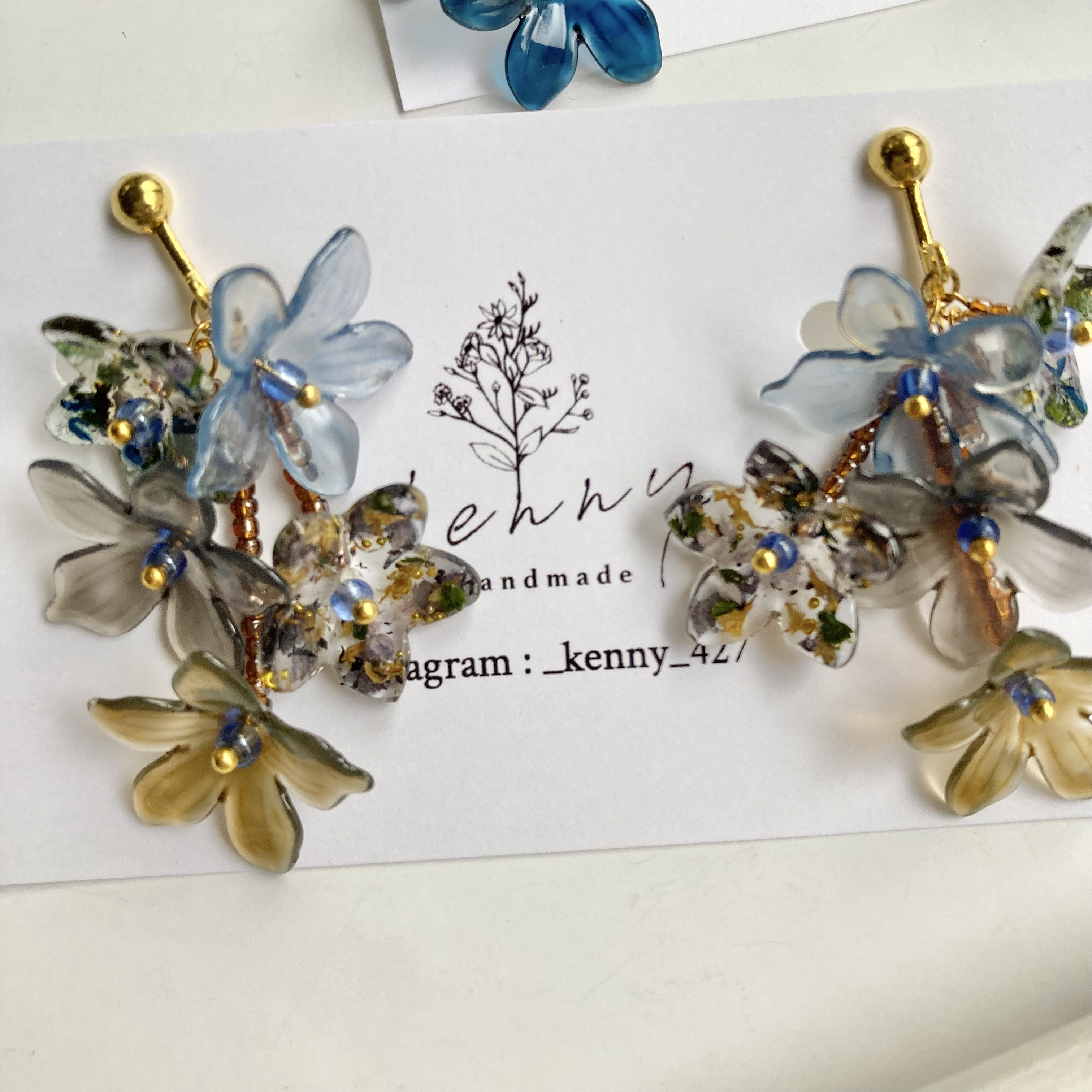 [kenny handmade] YURERU 花舞耳環 | 青 | 耳夾 | NO.004