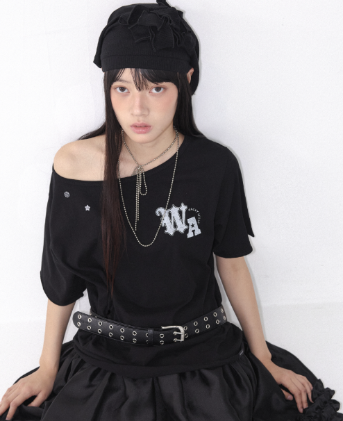 【Wacky Willy】Women's Graphic Button Off-Shoulder Short Sleeve T-Shirt  (2 Colors)