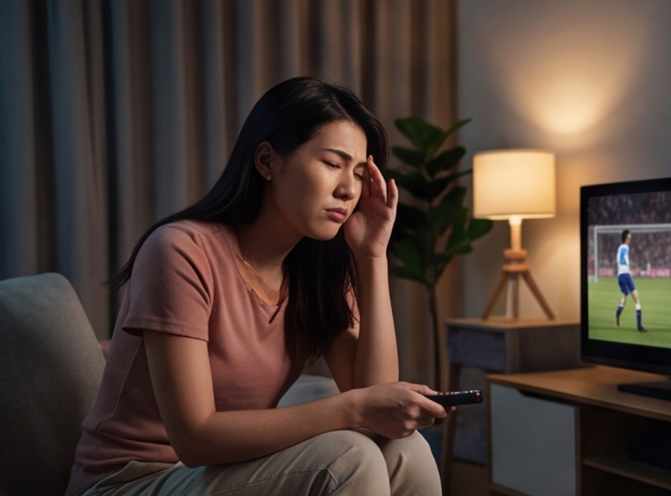 用家在床上抬頭睇電視，姿勢不舒服