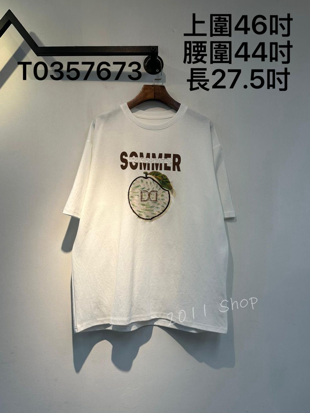 油畫網紗刺繡蘋果英文字T恤  上圍46吋 腰圍44吋 長27.5吋  T0357673