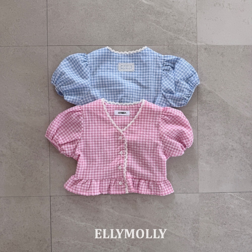 Ellymolly 迷霧格紋澎袖開衫上衣 / 2色