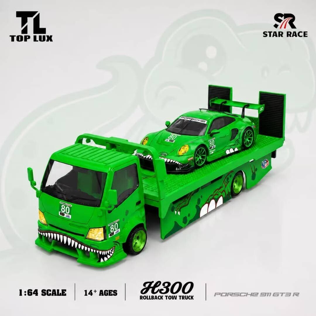 預訂:1/64 Top Lux x Star Race Hino 300 & Porsche 911 GT3 R Tyrannosaurus Green #80 Set (TL647225+SR64002)