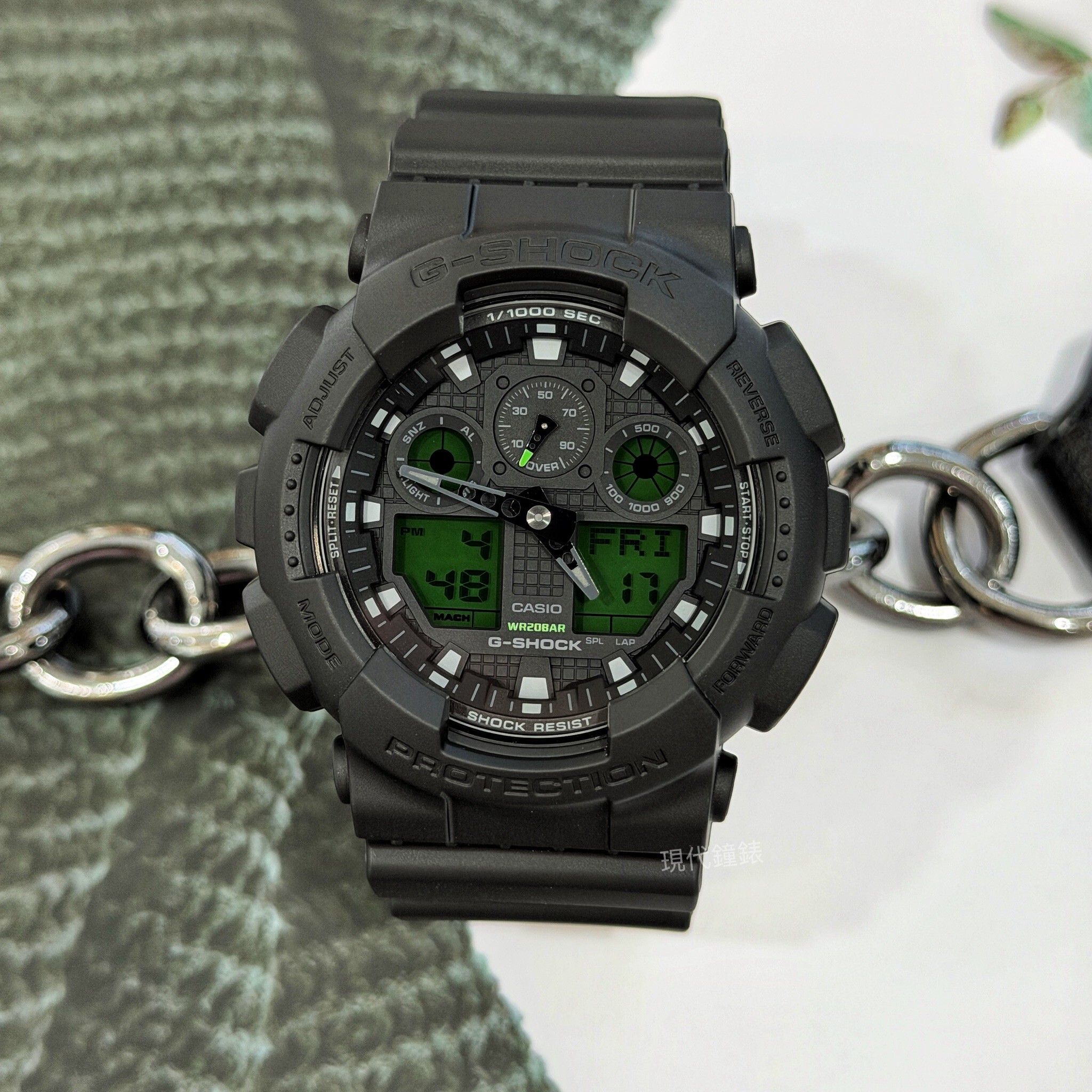 【G-SHOCK】酷黑電光綠率性運動電子錶 GA-100BEG-1A  51.2mm 現代鐘錶
